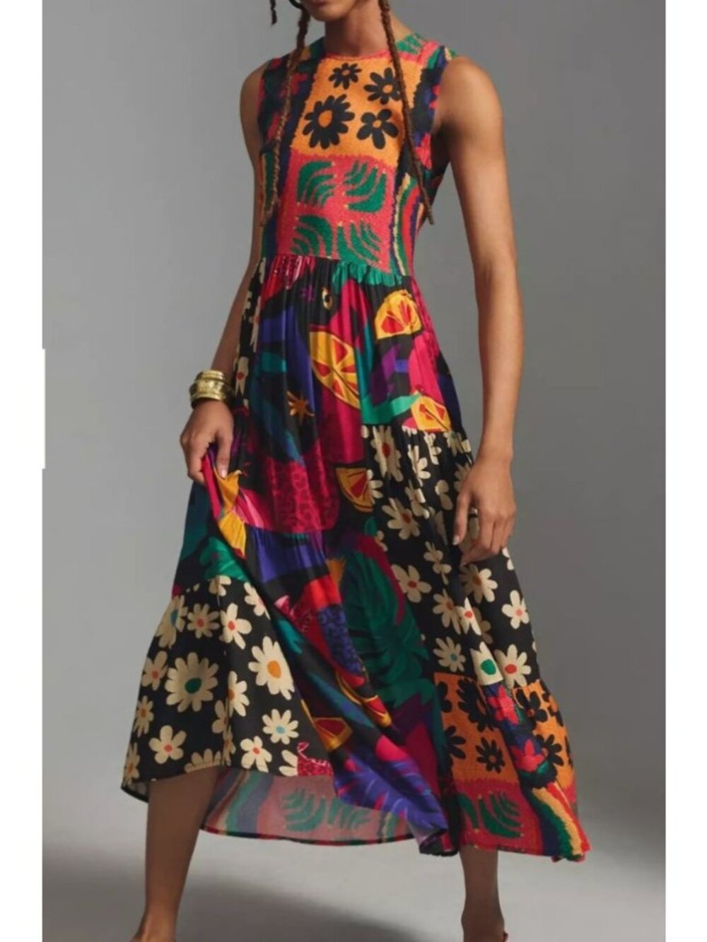 Farm Rio Pop Print Sleeveless Maxi Dress 3X Multicolor Floral Patchwork
